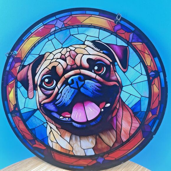 Bulldog With It's Tongue Out Suncatcher Double Sided Round Acrylic Decor - Picture 2 of 6